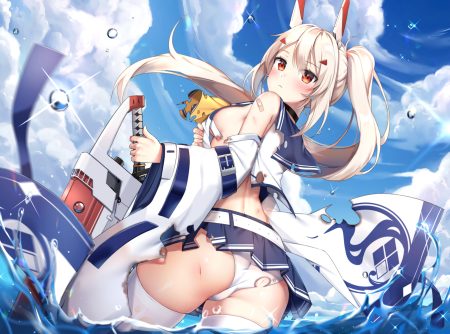 anthropomorphism ayanami (azur lane) azur lane bandaid blonde hair blush clouds long hair mamemena no bra orange eyes panties school uniform skirt sky sword thighhighs torn clothes twintails underwear water weapon wet