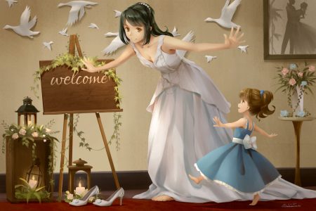 2girls barefoot black hair bow breasts brown eyes brown hair cleavage dress eiri su flowers loli long hair original ponytail signed