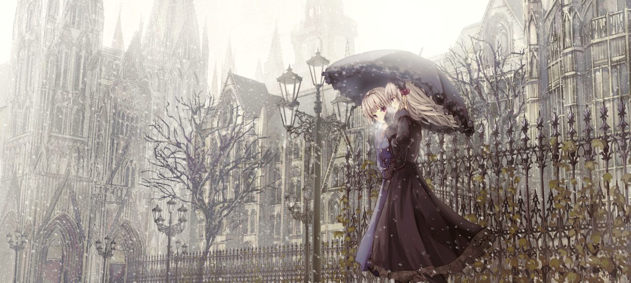 2girls bow building dress goth-loli gray hair headdress lolita fashion long hair missile228 original pink eyes snow tree umbrella