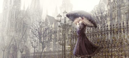2girls bow building dress goth-loli gray hair headdress lolita fashion long hair missile228 original pink eyes snow tree umbrella