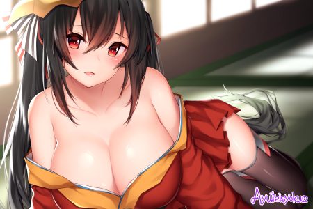 anthropomorphism ayuteisyoku azur lane black hair blush breasts cleavage close japanese clothes long hair mask no bra red eyes taihou (azur lane) thighhighs twintails watermark zettai ryouiki