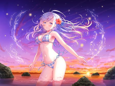 bikini blue eyes blush braids breasts chirimen (fanatic) cleavage clouds long hair original sky sunset swimsuit underboob water white hair
