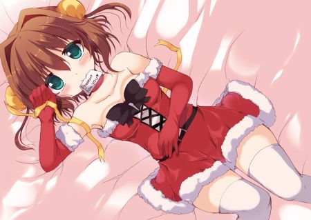 asakura yume blush bow breasts brown hair christmas cleavage da capo ii dress elbow gloves gloves green eyes ribbons santa costume short hair suzune rena thighhighs zettai ryouiki