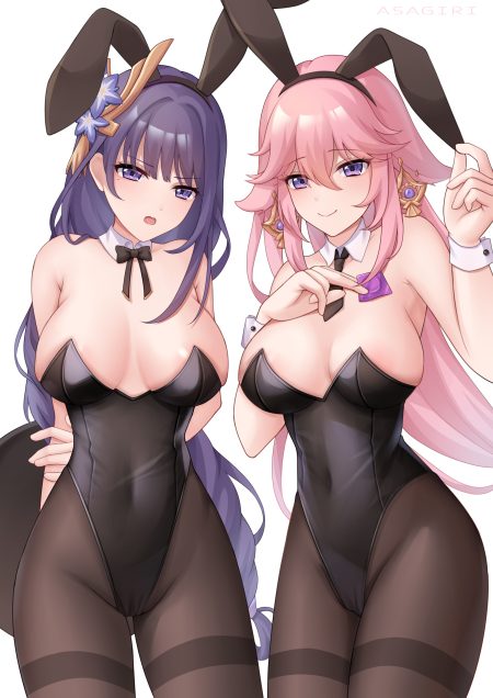 asagiri ai genshin impact raiden shogun yae miko animal ears bunny ears bunny girl kitsune no bra pantyhose