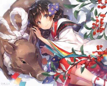 animal braids brown eyes brown hair food fruit japanese clothes kimono long hair mmu original rope snow socks twintails winter