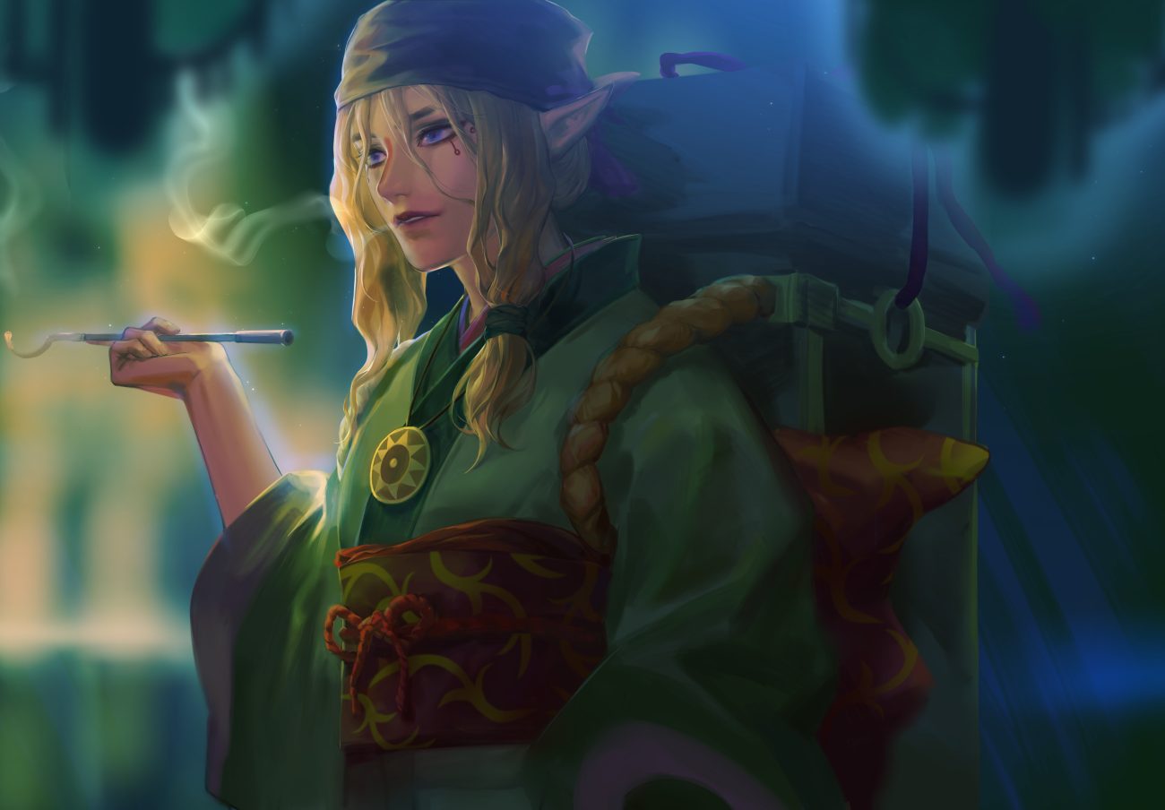 all male blonde hair blue eyes dark green headdress japanese clothes kusuriuri long hair male mononoke necklace pointed ears qidai rope smoking tattoo
