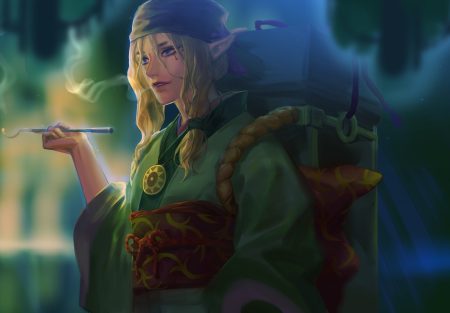 all male blonde hair blue eyes dark green headdress japanese clothes kusuriuri long hair male mononoke necklace pointed ears qidai rope smoking tattoo