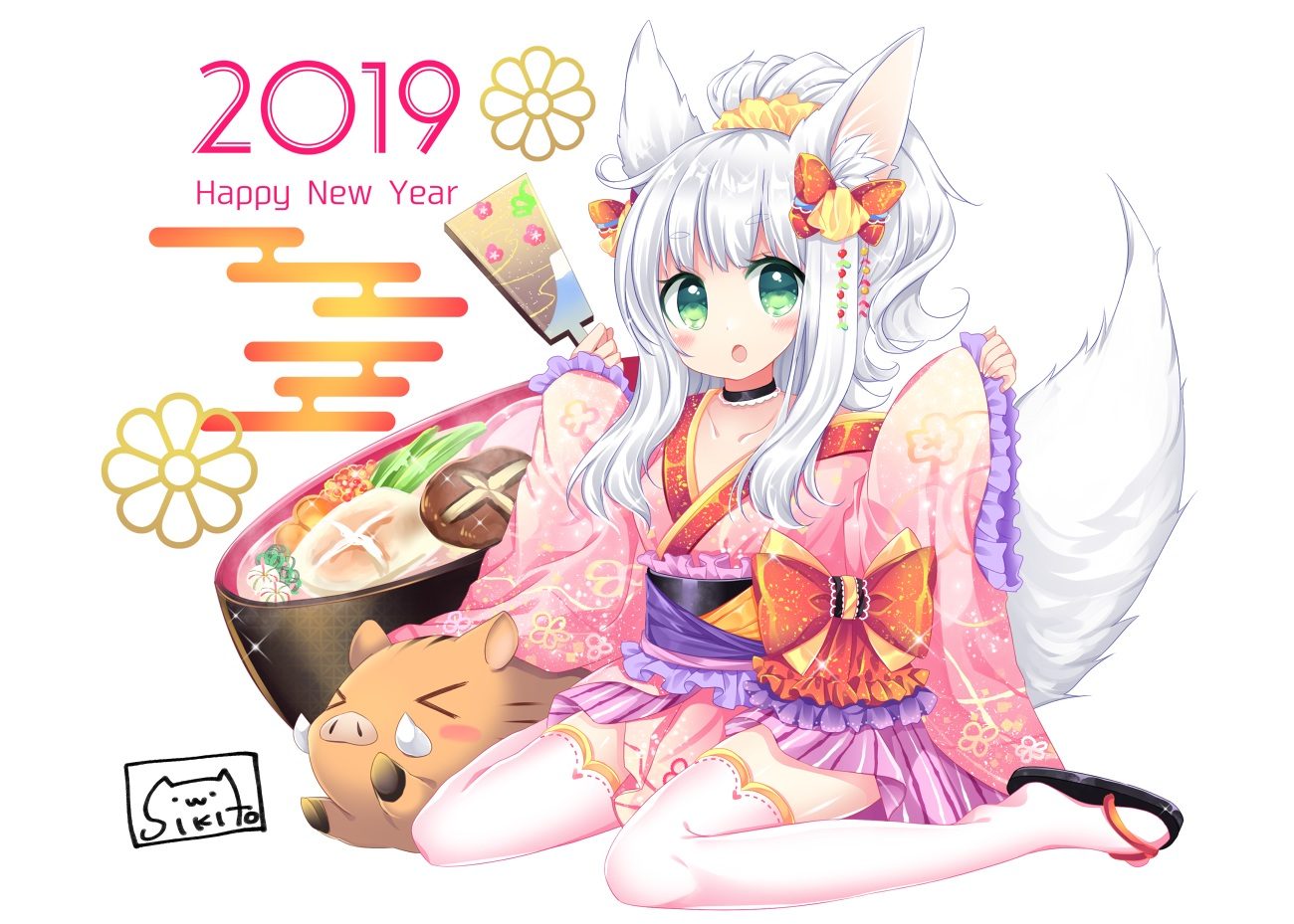 animal animal ears blush choker food foxgirl green eyes japanese clothes kimono lolita fashion long hair original ponytail shikito signed tail thighhighs white white hair