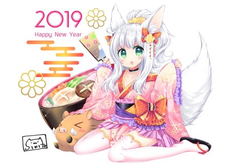 animal animal ears blush choker food foxgirl green eyes japanese clothes kimono lolita fashion long hair original ponytail shikito signed tail thighhighs white white hair