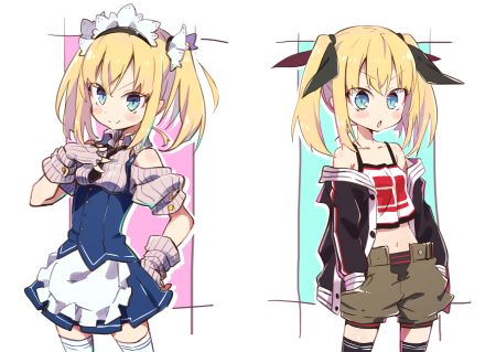 amaryllis gumi apron aqua eyes blonde hair gloves headdress kotohara hinari loli maid navel short hair shorts tama (tama-s) thighhighs tie twintails white zettai ryouiki
