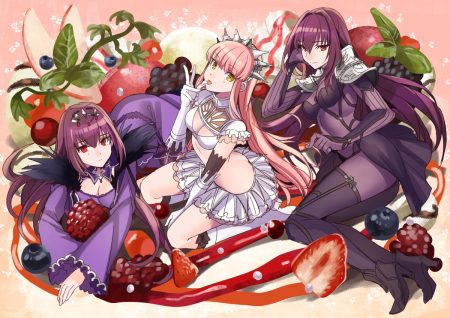 apple armor bodysuit boots breasts cleavage dress elbow gloves fate/grand order fate (series) food fruit gloves headdress kneehighs long hair medb (fate/grand order) pink hair purple hair red eyes scathach (fate/grand order) scathach skadi (fate/grand order) shimo (s kaminaka) skintight skirt strawberry yellow eyes