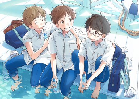all male barefoot brown eyes brown hair drink glasses kana (okitasougo222) male original short hair water