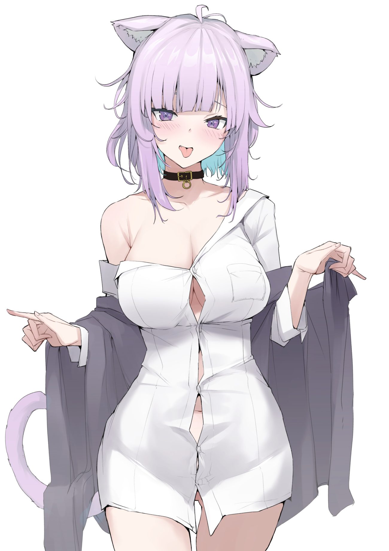 mitsuru (pixiv 34028718) hololive hololive gamers nekomata okayu animal ears bottomless dress shirt nekomimi no bra open shirt tail