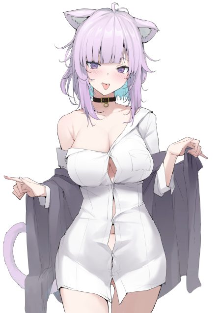 mitsuru (pixiv 34028718) hololive hololive gamers nekomata okayu animal ears bottomless dress shirt nekomimi no bra open shirt tail