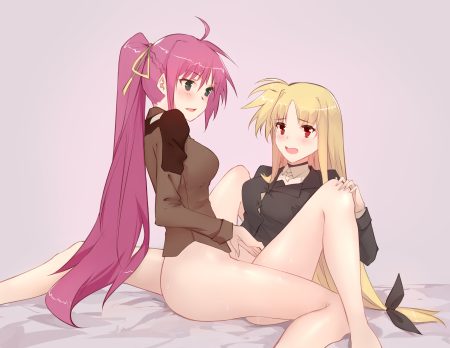 2girls black eyes blonde hair braids fate testarossa hei chuan gui long hair mahou shoujo lyrical nanoha pink hair ponytail red eyes signum tribadism yuri