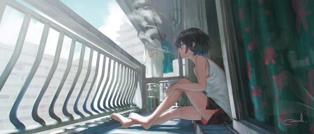 barefoot black hair blue eyes building city original reoen short hair shorts signed smoking