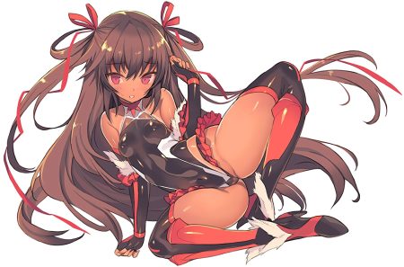 blade (galaxist) blush bodysuit boots breasts brown hair cameltoe dark skin elbow gloves erect nipples gloves long hair mizuki yukikaze red eyes ribbons skintight spread legs taimanin yukikaze thighhighs twintails waifu2x white