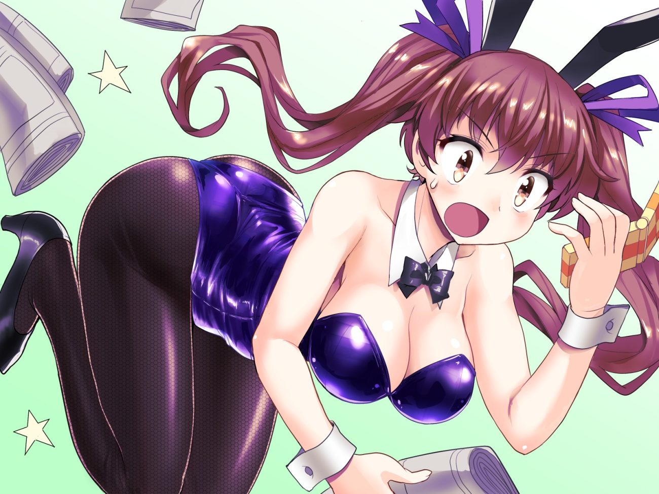 ass bodysuit breasts brown eyes brown hair cleavage green himekaidou hatate long hair mono (moiky) pantyhose paper phone touhou twintails wristwear