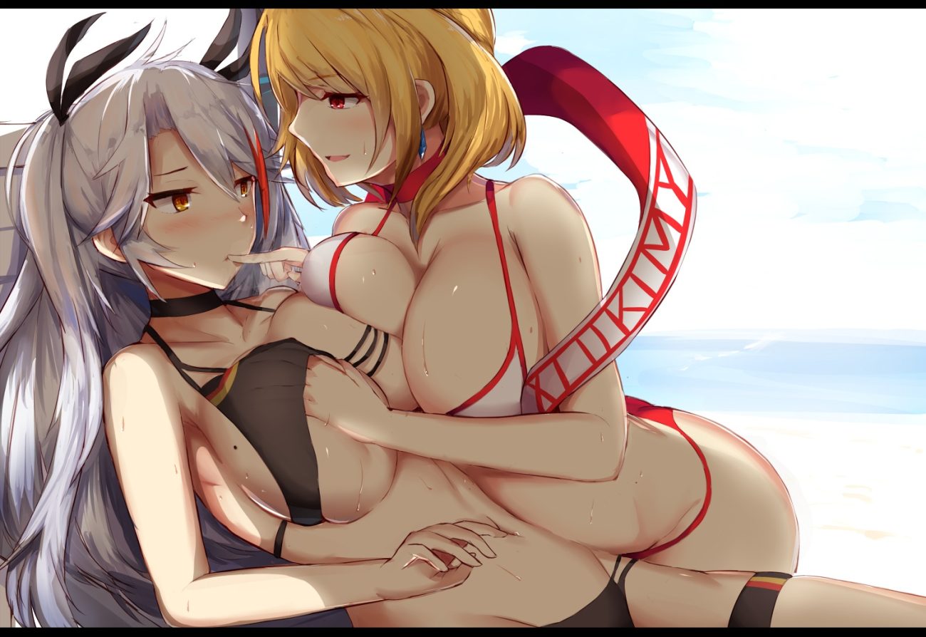 2girls anthropomorphism azur lane bikini blonde hair blush breast grab long hair orange eyes prince of wales (azur lane) prinz eugen (azur lane) red eyes short hair swimsuit uchisukui white hair yuri