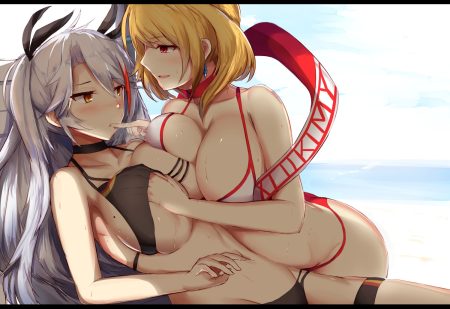2girls anthropomorphism azur lane bikini blonde hair blush breast grab long hair orange eyes prince of wales (azur lane) prinz eugen (azur lane) red eyes short hair swimsuit uchisukui white hair yuri