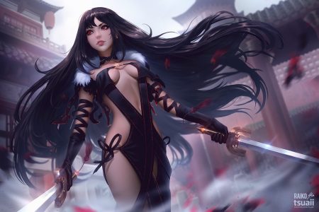 black hair breasts building choker consort yu (fate) dress elbow gloves fate/grand order fate (series) gloves jonathan hamilton long hair navel raikoart red eyes sword watermark weapon