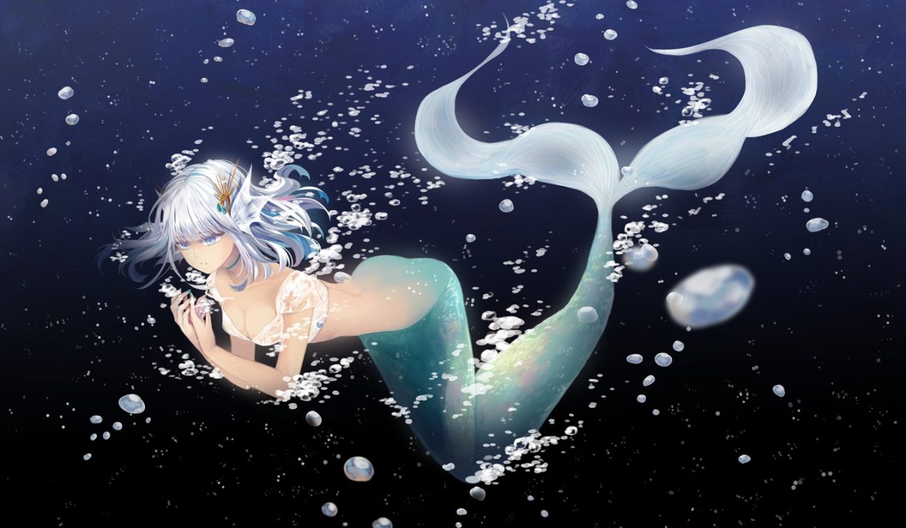 breasts bubbles ceru choker cleavage gradient mermaid original short hair tail underwater water white hair
