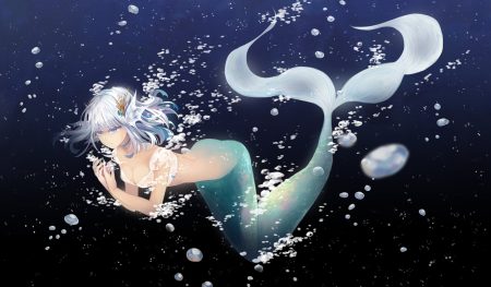 breasts bubbles ceru choker cleavage gradient mermaid original short hair tail underwater water white hair