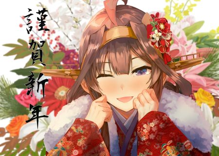 anthropomorphism blush brown hair close flowers japanese clothes kantai collection kimono kongou (kancolle) konkito long hair purple eyes rose wink