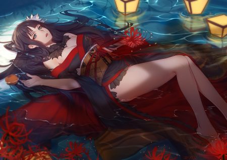animal ears barefoot blue eyes breasts brown hair cleavage final fantasy final fantasy xiv flowers japanese clothes long hair reflection water watermark yoji (pl05030786) yotsuyu