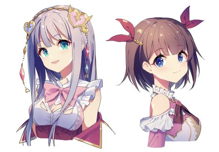 2girls atelier atelier lulua blue eyes breasts brown hair cleavage elmerulia fryxell eva armster green eyes headdress long hair purple hair sharlorc short hair waifu2x