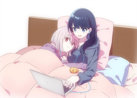 2girls bed black hair blue eyes computer food fruit headphones hood hug long hair orange (fruit) pink eyes purple hair shinjou akane short hair shoujo ai ssss.gridman takarada rikka usamin