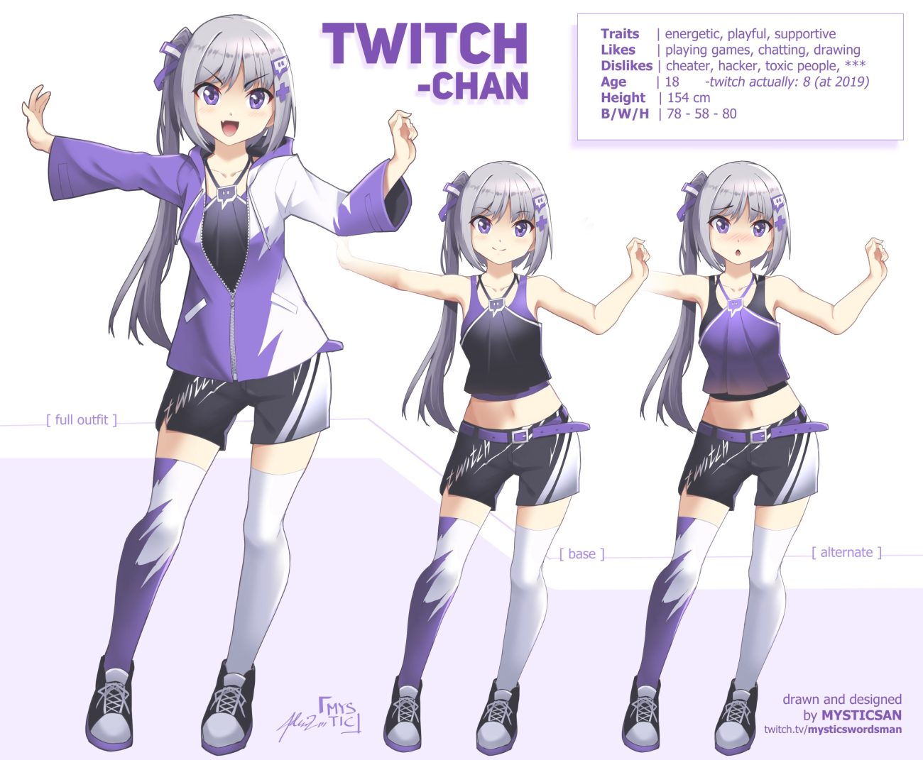 anthropomorphism blush fang gray hair hood long hair mystic-san navel original ponytail purple eyes shorts signed thighhighs watermark white zettai ryouiki