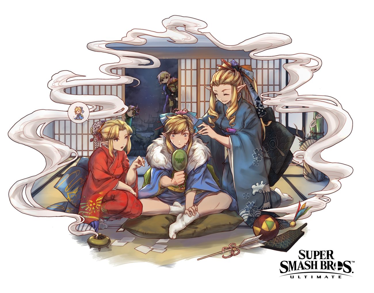 ball black eyes blonde hair blue eyes ct wind ganondorf japanese clothes kimono link (zelda) logo long hair male mask mirror night orange hair otoko no ko pointed ears ponytail princess zelda sheik sky socks stars super smash bros. the legend of zelda