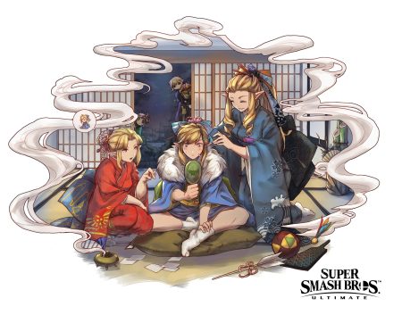 ball black eyes blonde hair blue eyes ct wind ganondorf japanese clothes kimono link (zelda) logo long hair male mask mirror night orange hair otoko no ko pointed ears ponytail princess zelda sheik sky socks stars super smash bros. the legend of zelda