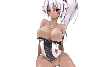 breasts corset dark skin long hair necklace nipples original pointed ears pon (shind 997) ponytail pussy red eyes tattoo third-party edit uncensored white white hair