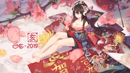 animal anthropomorphism azur lane barefoot breasts brown hair cleavage criin flowers horns japanese clothes kimono long hair mask mikasa (azur lane) signed umbrella watermark yellow eyes