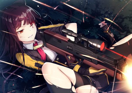 anthropomorphism blood girls frontline gloves gun purple hair red eyes spread legs wa2000 (girls frontline) weapon wink yan (nicknikg)