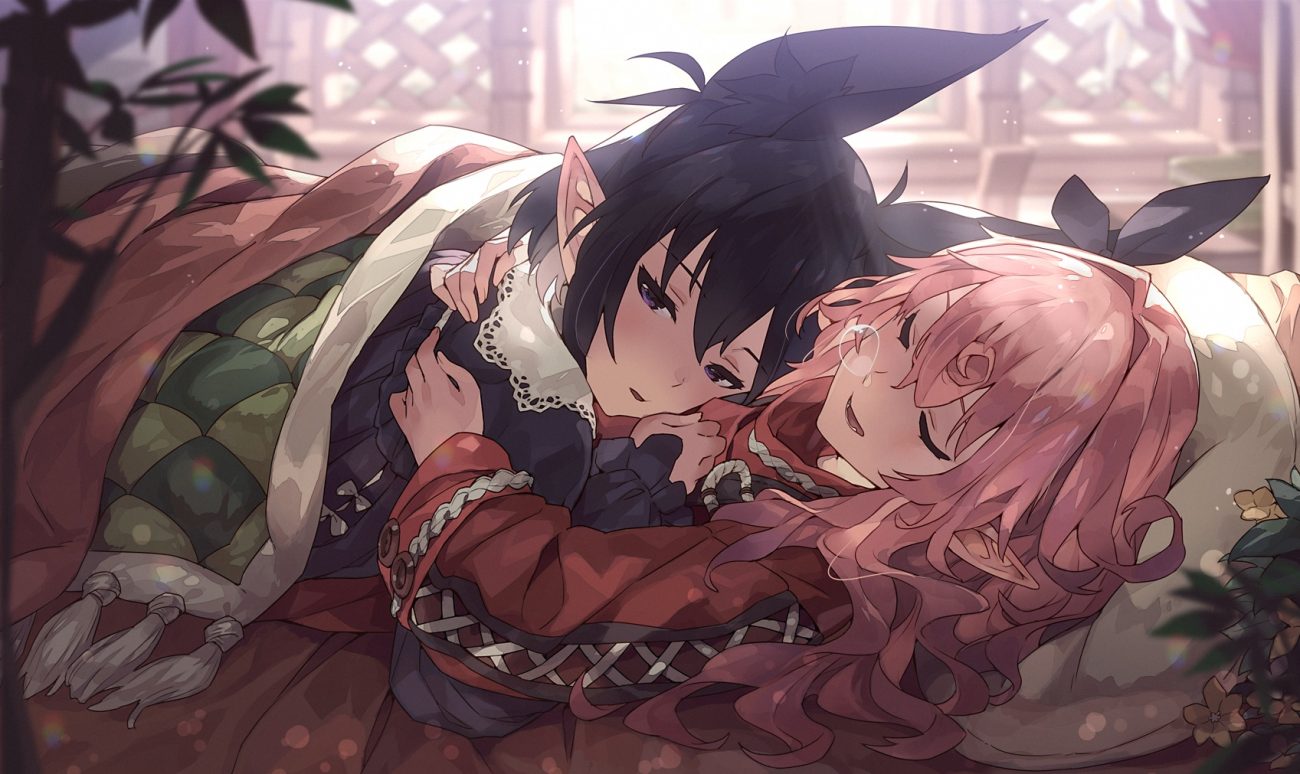 2girls animal ears bed black hair hug long hair mano (narumi arata) narumi arata original pink hair pointed ears purple eyes recri short hair shoujo ai sleeping