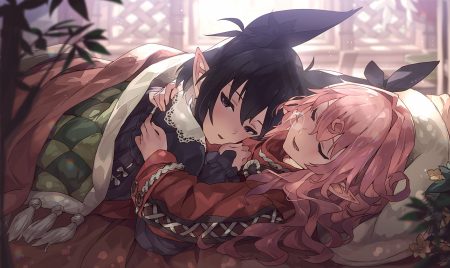 2girls animal ears bed black hair hug long hair mano (narumi arata) narumi arata original pink hair pointed ears purple eyes recri short hair shoujo ai sleeping