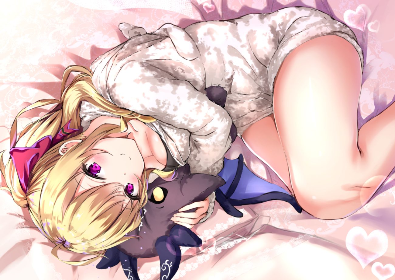 blonde hair blush breasts cleavage hug long hair nijisanji pajamas ponytail purple eyes takamiya rion yukishiro arute