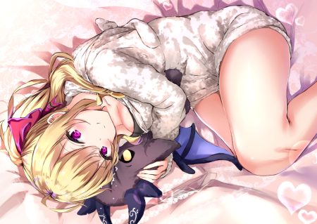 blonde hair blush breasts cleavage hug long hair nijisanji pajamas ponytail purple eyes takamiya rion yukishiro arute
