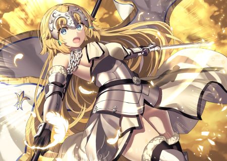 akae neo aqua eyes armor blonde hair breasts chain elbow gloves fate/grand order fate (series) feathers gloves headdress jeanne d'arc (fate) long hair sword thighhighs weapon