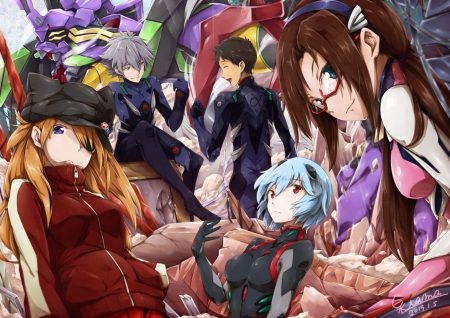 ayanami rei black hair blue eyes blue hair bodysuit breasts brown eyes brown hair eva-01 eyepatch glasses gray hair group hat headband hood ikari shinji long hair makinami mari illustrious male nagisa kaworu neon genesis evangelion orange hair red eyes short hair signed soryu asuka langley tagme (artist)