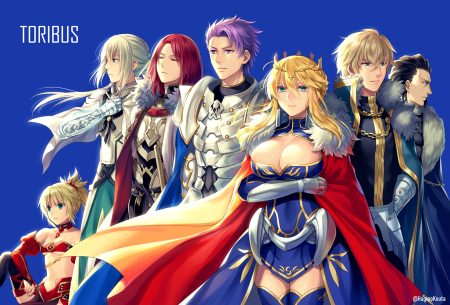 agravain armor artoria pendragon (all) artoria pendragon (lancer) bedivere blue breast hold breasts cleavage fate/grand order fate (series) gawain group hagino kouta lancelot (fate) long hair male mordred short hair tristan (fate/grand order)