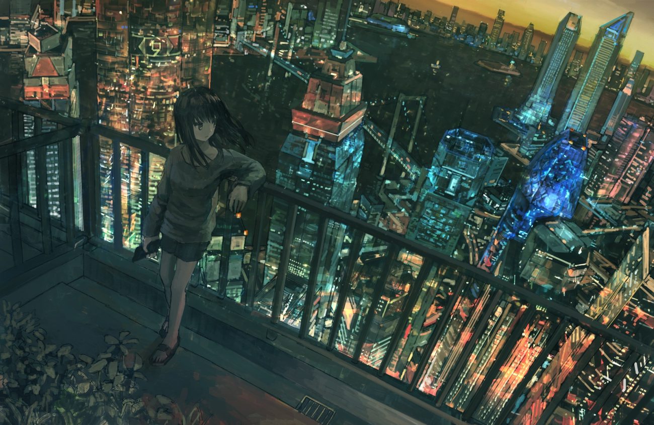 black hair boat building city dark long hair original phone shorts tokunaga akimasa water yellow eyes