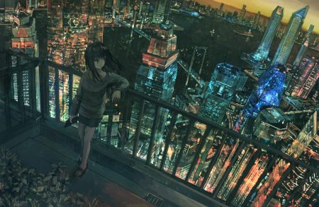 black hair boat building city dark long hair original phone shorts tokunaga akimasa water yellow eyes