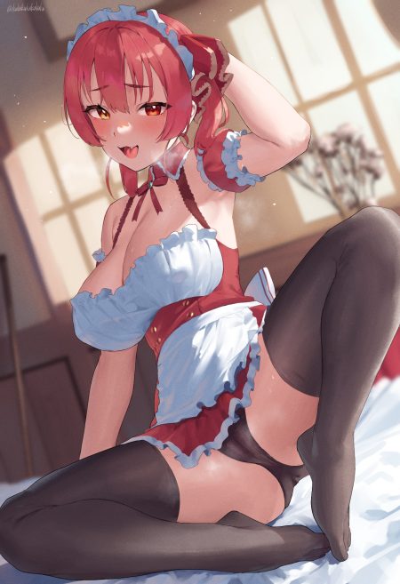 frikulu hololive houshou marine cameltoe erect nipples heterochromia maid no bra pantsu skirt lift thighhighs thong