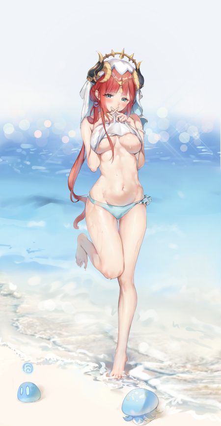 vv-zz genshin impact nilou bikini horns see through shirt lift swimsuits undressing wet wet clothes