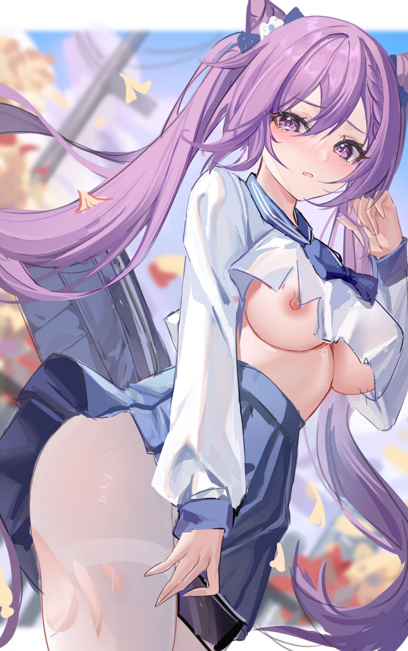 wenbugu genshin impact keqing breasts nipples no bra pantyhose see through seifuku sketch skirt lift