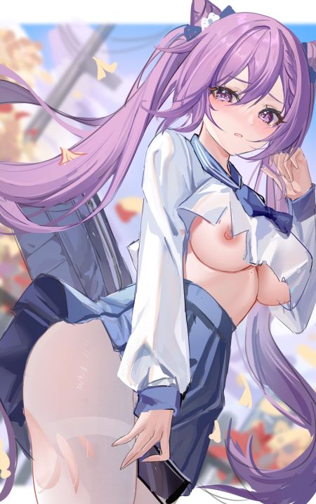 wenbugu genshin impact keqing breasts nipples no bra pantyhose see through seifuku sketch skirt lift
